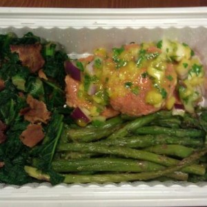 The Foundry Grill: Salmon with mango salsa, bacon kale, and asparagus